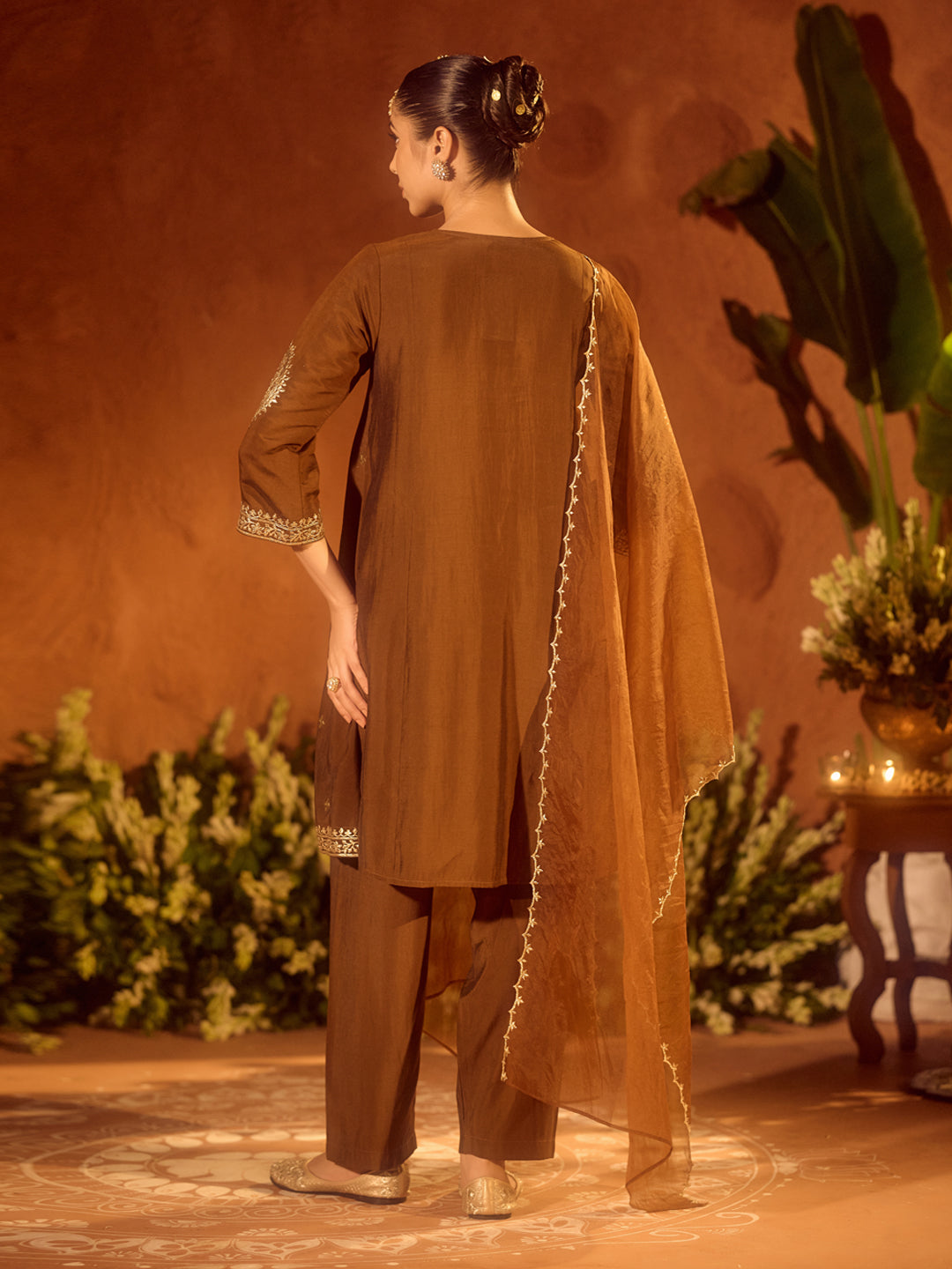 FIORRA Women’s Brown Viscose Chanderi Embroidered & Gota Patti Work Ethnic A-Line Kurta Set with Dupatta